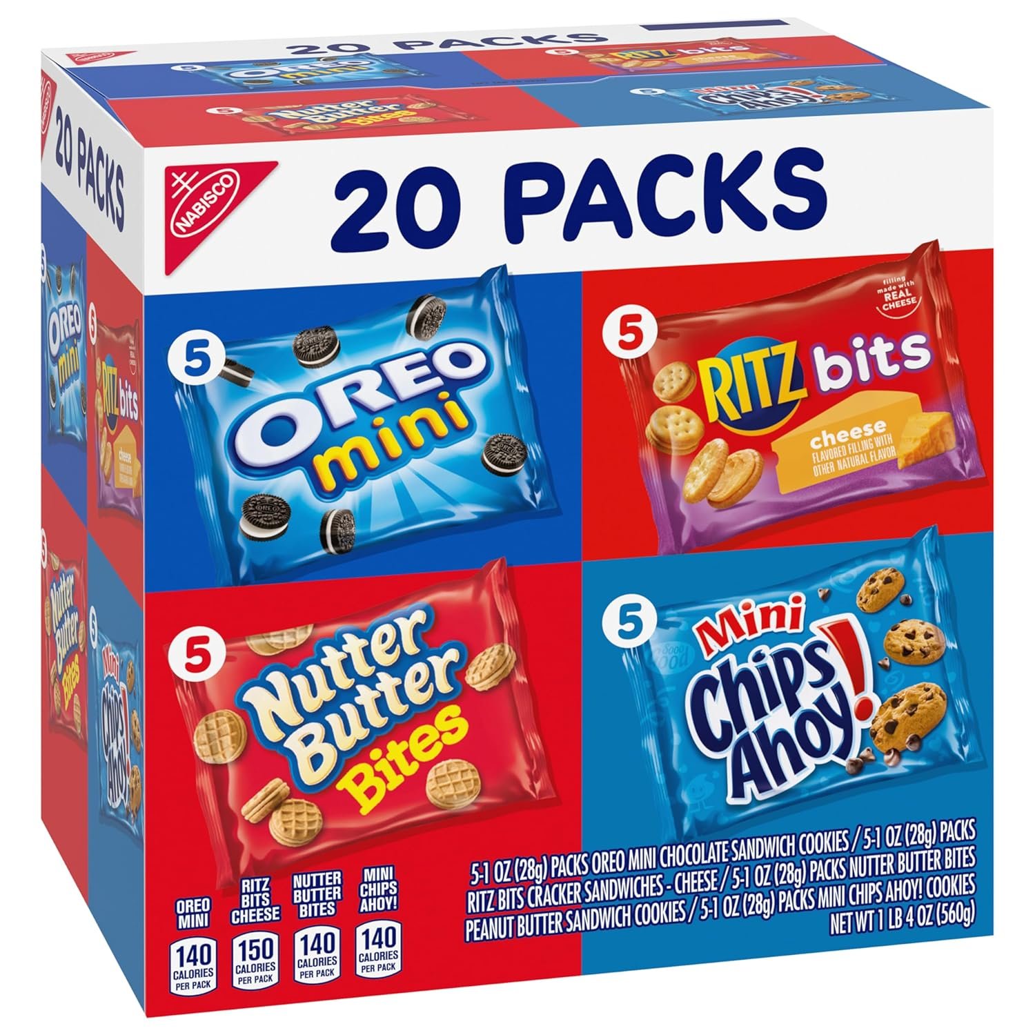 Nabisco Classic Mix Variety Pack, OREO Mini, CHIPS AHOY! Mini, Nutter Butter Bites, RITZ Bits Cheese, School Snacks, 20 - 1 oz Snack Packs